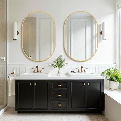 Gold Oval Bathroom Mirror Set - 24x36 Inch Over Sink Vanity 2 Pack, Modern Design