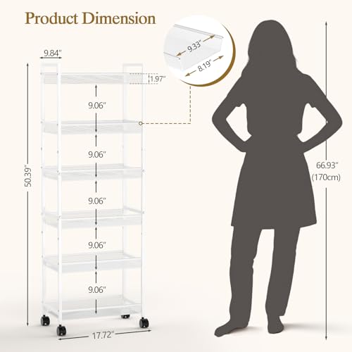 White 6-Tier Slim Rolling Storage Cart - Narrow Mobile Organizer with Wheels