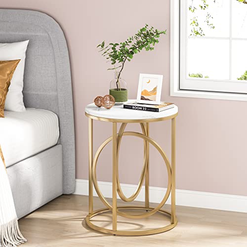 20-Inch Round End Table with Gold O-Shaped Base and Faux Marble Top - Modern Living Room Accent