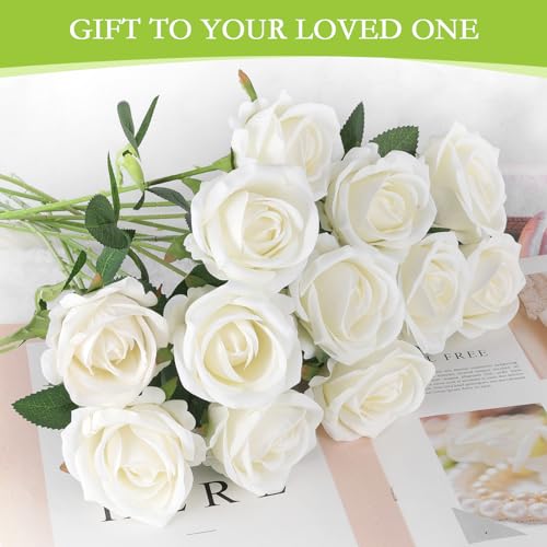 Artificial Roses Bulk 50 White Silk Flowers for DIY Decor - Long Stems