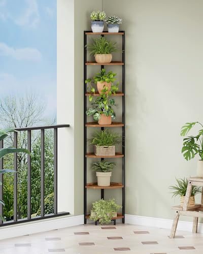 Rustic Brown 7-Tier Corner Shelf Stand - Space-Saving Bookshelf & Display