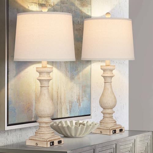 Beige 29-Inch Tall Farmhouse Table Lamp Set of 2 with USB C & A Ports, AC Outlet, Dimmable Touch Control