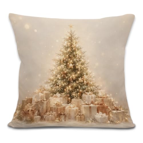 Lengues Xmas-4 Vintage Golden Christmas Tree Pillow Cover 18x18 Inches