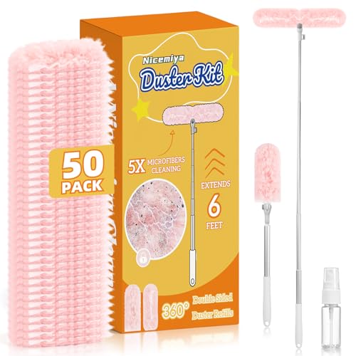 Nicemiya Extendable Duster Kit with 50 Pink Refills & 6ft Handle – Rotatable & Versatile Cleaning Tool