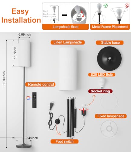 USTO Dimmable Floor Lamp with Remote Control, 12W LED Bulb, Foot Switch - Black
