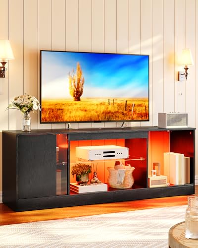 55-Inch Modern TV Stand with Power Outlets & Multi-Color LED Lights, Adjustable Glass Shelves, Black