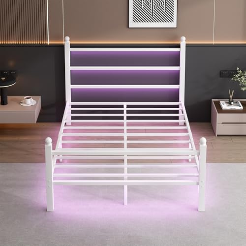 Full Size Bed Frame with Headboard Footboard Steel Slats USB Charging White