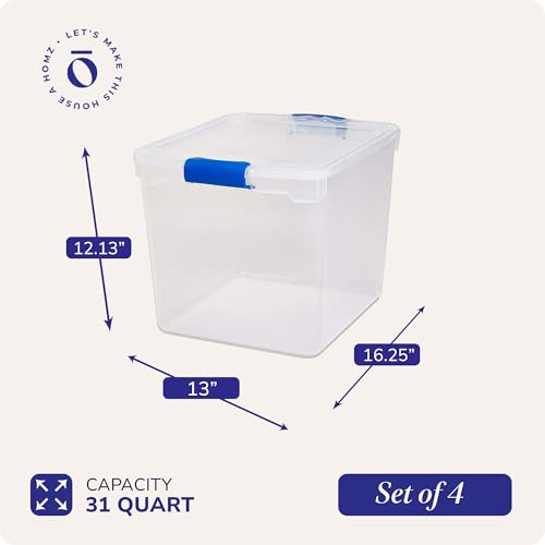Blue Plastic Storage Bins with Locking Lids - 31 Qt, 4 Pack