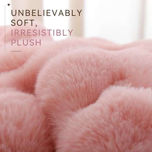 Pink Faux Rabbit Fur Throw Blanket 50x60in - Bubble Textured Couch Blanket for Home Decor