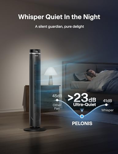 Grey Pelonis 42-Inch Tower Fan with Remote, 5 Speeds, 90° Oscillation, Eco Mode