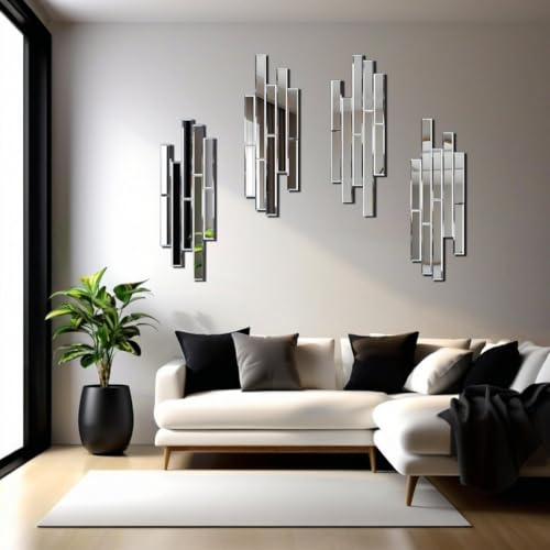 VOHJD Silver 4 Pack Wall Decor Mirrors - 24x8 Inch Beveled Modern & Farmhouse Design