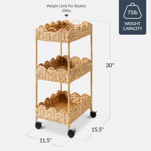 Natural 3-Tier Scalloped Nursery Caddy with Wheels - Handwoven Water Hyacinth Storage Cart