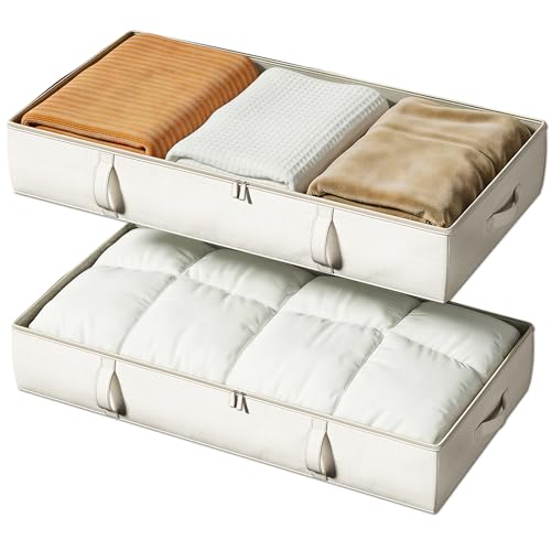 Beige Underbed Storage Container - 6 Inches Tall 60L with Handles & Clear Window - 2-Pack
