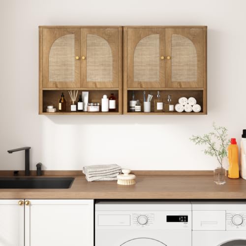 RUSTOWN Rattan Bathroom Wall Cabinet with 2 Arched Doors & Adjustable Shelf – Natural Oak