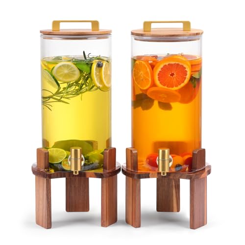 Glass Drink Dispenser Set with Wood Stands - 1.5 Gallon Beverage Dispenser for Parties & Daily Use