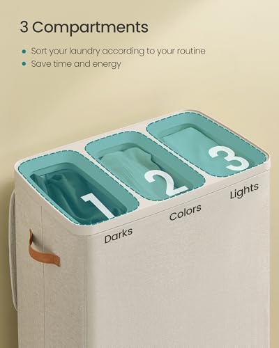 SONGMICS 190L Laundry Hamper with Lid & 3 Removable Bags - Cappuccino Beige