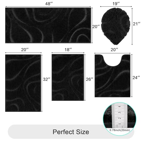 HEBE Bathroom Rug Set 5 Piece - Non Slip Microfiber Absorbent Bath Mats - Black, 18x26, 20x32, 20x48, U-Shaped & Toilet Cover