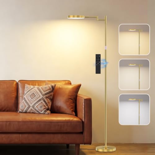 Antique Brass Gold LED Floor Lamp with Remote, Adjustable Height & Dimmable Light