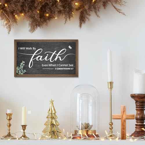I Will Walk By Faith Wooden Box Sign Decor,2 Corinthians 5:7 Scripture Religious 10.3x6 Inches Wood Block Prayer Sign for Christian Home Office Shelf Wall Decor
