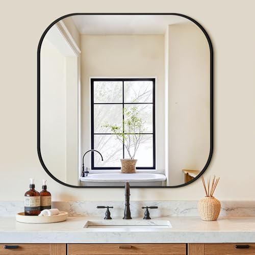 30x30 Inch Black Bathroom Vanity Wall Mirror with Rounded Corners