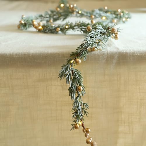 Sunset Home 6.5Ft Battery-Operated Christmas Garland with Lights, Gold Berries & Remote, Indoor Outdoor
