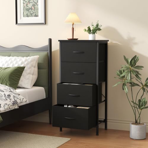 Black 4-Drawer Nightstand - Tall Bedroom Dresser with Removable Fabric Bins (11.8"D x 17.7"W x 37.5"H)