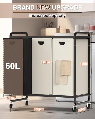 Laundry Sorter with 3 Removable Bags and Wooden Shelf - Black, Gray, White, 180L