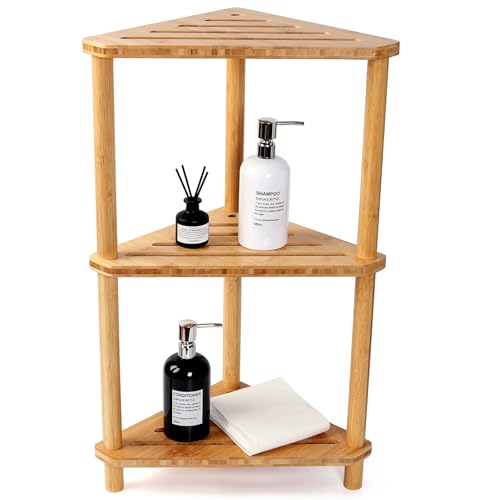 3-Tier Corner Shower Caddy Stand - Bathroom Organizer, Rustic Bamboo
