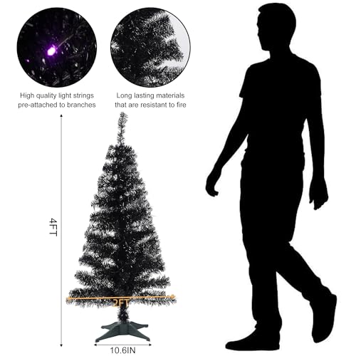 Juegoal Lighted Artificial Halloween Black Christmas Tree, 4FT Tinsel