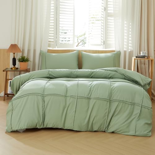 AiMay Duvet Cover Set Queen Pintuck Pleated 3 Pieces—Green, Zipper & Corner Ties