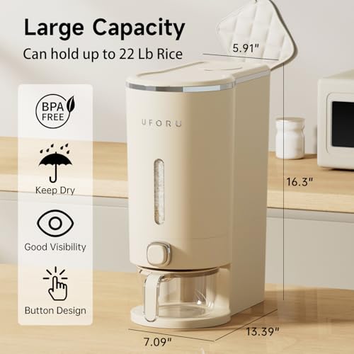 UFORU Cream White 23-25LB Airtight Rice Dispenser with Measuring Cup and Pest Prevention