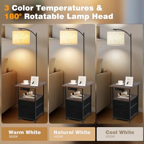 PESRAE Rustic Brown Floor Lamp with Table & 2 Drawers, USB Charging Station