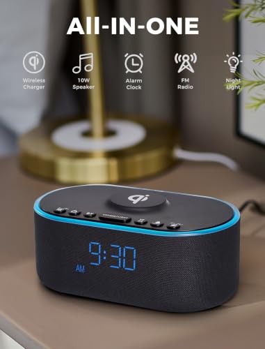 Odokee Qi Certified Wireless Charging Alarm Clock with Bluetooth Radio - Black with Blue Digits