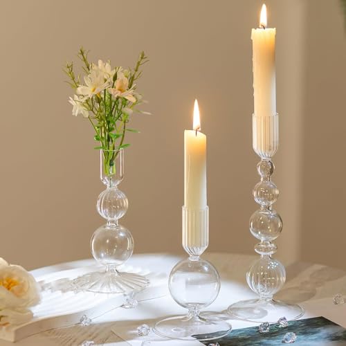 Hewory Clear Glass Candlestick Holders Set of 3 - Elegant Taper Candle Holders