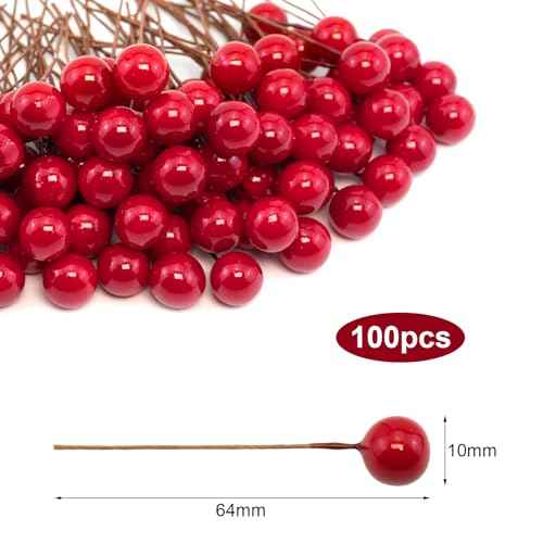 Quacc 100pcs Red Artificial Holly Berries Lovely 0.4" Fake Berries on Wire Realistic for Christmas Tree Garland Flower Wreath Decorations Wreath DIY Craft Use