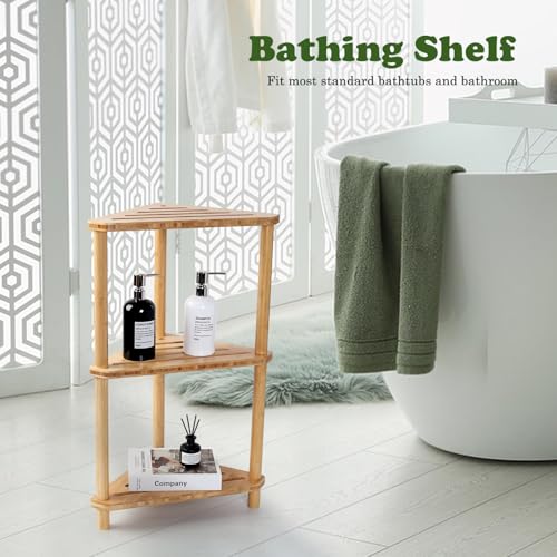 3-Tier Corner Shower Caddy Stand - Bathroom Organizer, Rustic Bamboo