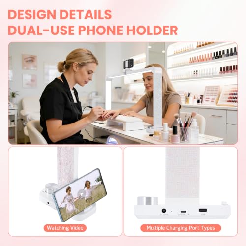 White Rhinestone Half Moon Nail Desk Lamp - Dimmable LED Light for Manicure & Makeup - 1 Pack
