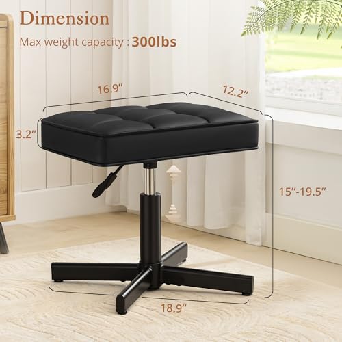 LUE BONA Adjustable Vanity Stool Black Upholstered Faux Leather Swivel Chair