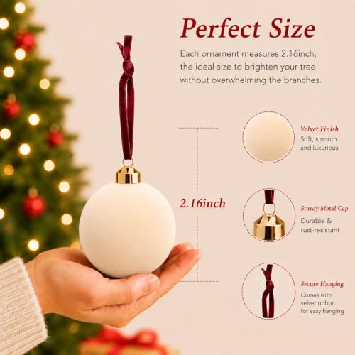 NONSTOP Cream White Velvet Christmas Ball Ornaments 15 pcs - 2.36 Inch Shatterproof Holiday Decor
