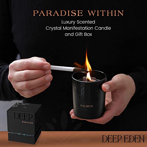 Manifest Black Orchid & Pine Moss Scented Crystal Candle with Smoky & Clear Quartz - Deep Eden