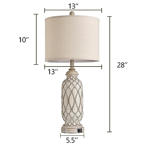 Off White Farmhouse Bedside Table Lamps Set of 2 with USB Ports, 28 Inch Dimmable Nightstand Lamps for Bedroom & Living Room