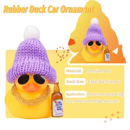 MuMyer E6-purple Car Dashboard Rubber Duck Ornament with Knit Hat, Sunglasses & Gold Chains (3in)
