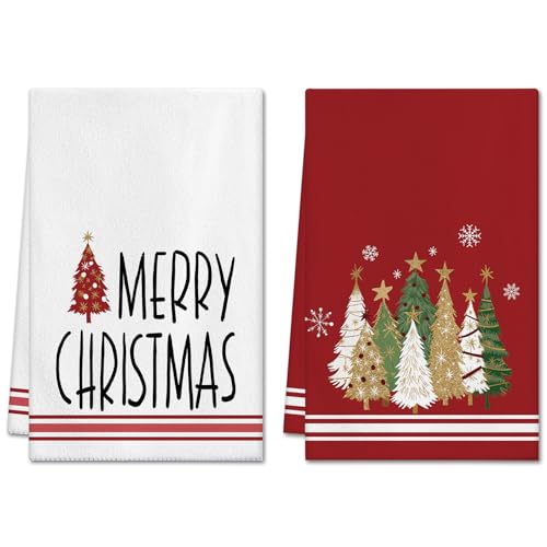 OTOSTAR Christmas Kitchen Towels Set of 2 18x26 Inch Red Tree & Snowflakes Holiday Decor