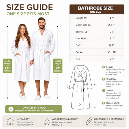 BIOLINEN White Cotton Shawl Collar Bathrobe with Slippers, One Size
