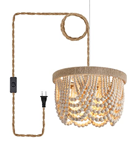 Plug-in Boho Chandelier with Natural Hemp Rope & Wooden Beads - Farmhouse Pendant Light with 14.8FT Cord, 3 E26 Bulb Bases, On/Off Switch, Natural Hemp Variation