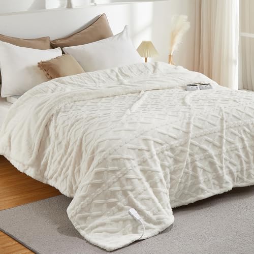 CAROMIO Cal King Size Electric Blanket Off White Sherpa Heated Blanket with 10 Heat Settings