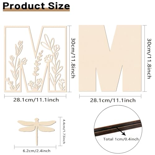 Layered 12 Inch Large Wooden Letters for Wall Decor, Flowered Paintable Wooden Nursery Letters for Crafts Wood Alphabet Letter M for Birthday Boho Nursery Name Sign Wedding Home Decoration