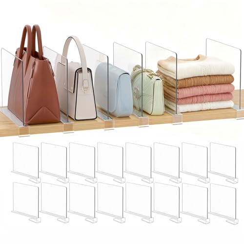 Purse Organizer for Closet Shelf Dividers - Clear Acrylic 16-Pack, 8" Tall x 12" Deep