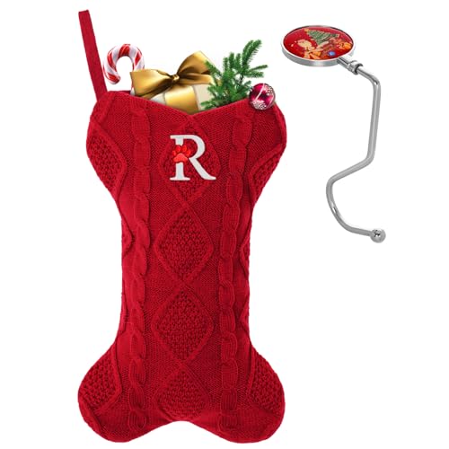 Dog Christmas Stocking with Initials, Large Knit Bone Shape Monogrammed Pet Christmas Stockings for Dogs Cats, Family Holiday Christmas Decorations with Christmas Stocking Holder (Red R)