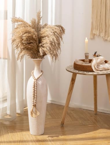 Beige Metal Tall Floor Vase with Bead for Pampas Grass - Rustic Boho Decor